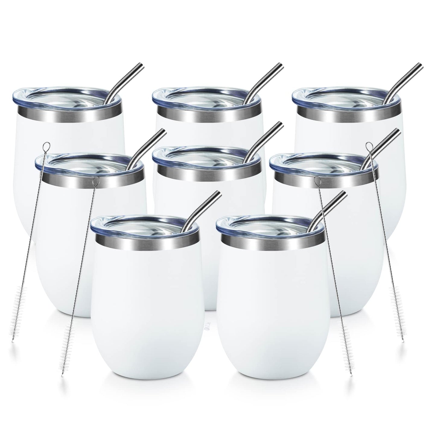 COMOOO 12oz Wine Tumbler with Lid and Straw, Stainless Steel Stemless Wine Glass, Double Wall Vacuum Insulated Wine Tumbler Cup, Cocktails,Beer,Champaign, White, 8 Pack