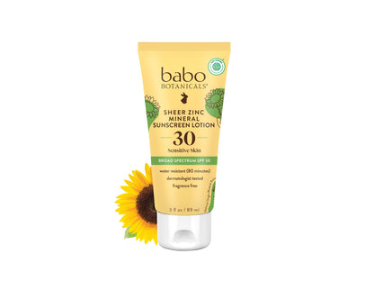 Babo Botanicals Zinc Sunscreen Lotion SPF 30 with 100% Mineral Actives, Non-Greasy, Water-Resistant, Fragrance-Free, Vegan, For Babies, Kids or Sensitive Skin, Clear, 3 Fl Oz
