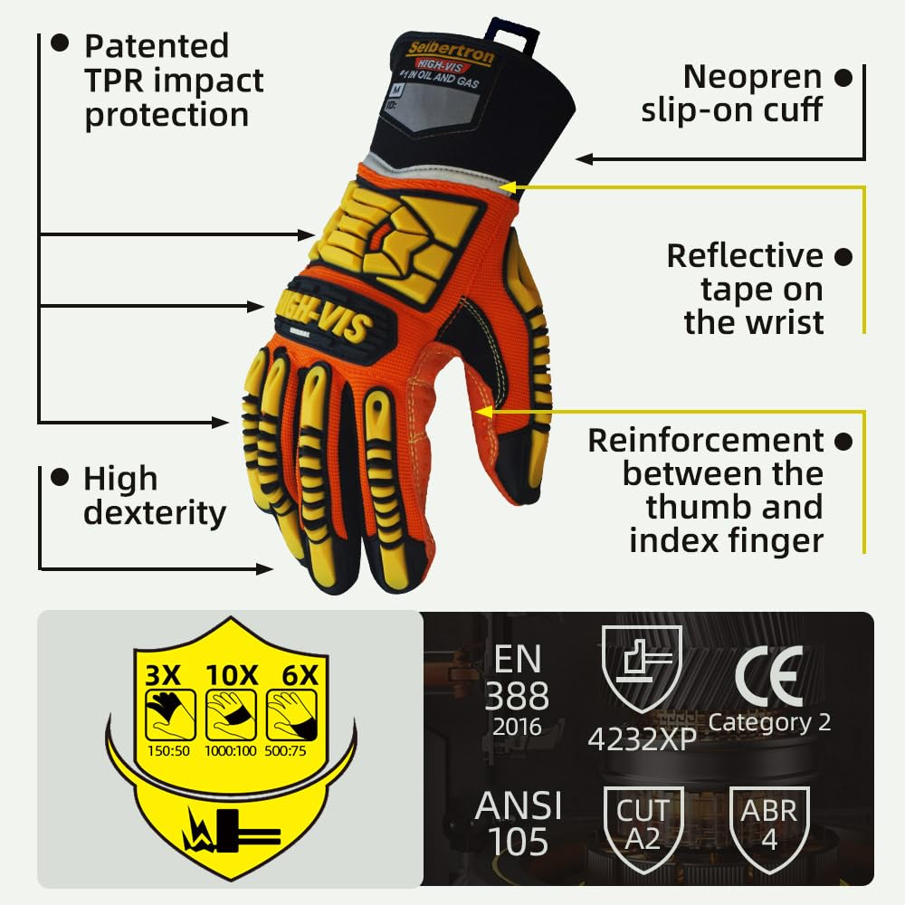 Seibertron High-Vis SDX2 Resistant Reducing Anti-Impact Mechanics Heavy Duty Safety Rescue Gloves CE EN388 4232 L