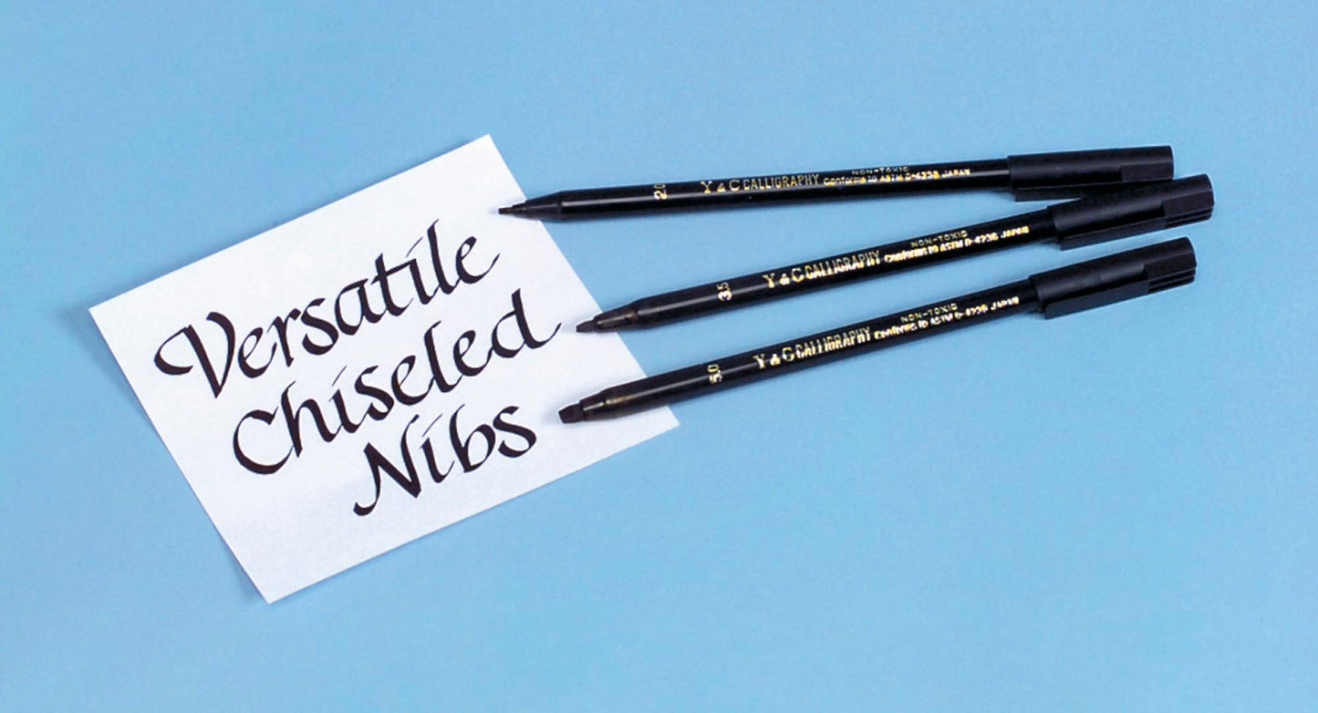 Yasutomo - NSC603A Y and C Water Based Calligraphy Markers, Chisel Tip, Assorted Sizes, Black, Pack of 3 - 443609