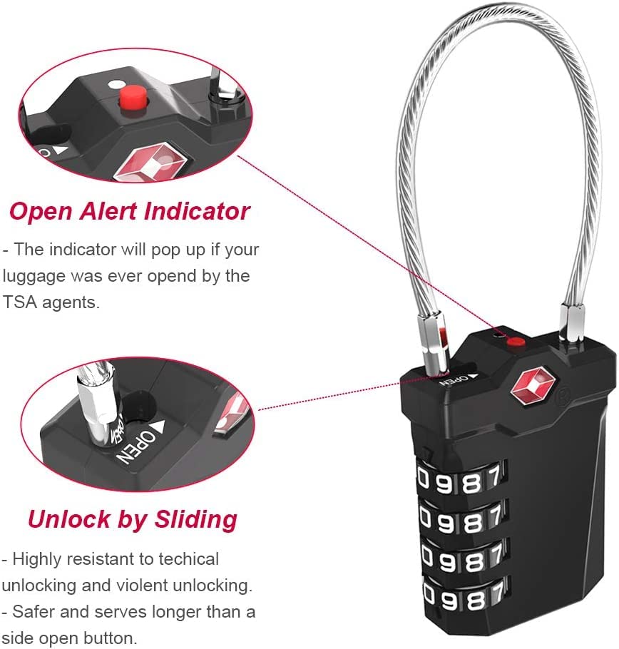 ZHEGE TSA Cable Luggage Lock, 4 Digit Zipper Lock with Open Alert Indicator, Easy to Read White Number Lock for School Gym Locker, Backpack, Suitcase, Laptop Bag (1 Pack, Red)