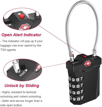 ZHEGE TSA Cable Luggage Lock, 4 Digit Zipper Lock with Open Alert Indicator, Easy to Read White Number Lock for School Gym Locker, Backpack, Suitcase, Laptop Bag (1 Pack, Red)