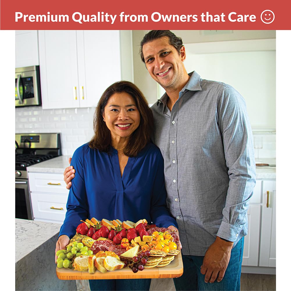 Bamboo Cheese Board and Knife Set - Beautiful Charcuterie Board for Wine, Cheese, and Gifts