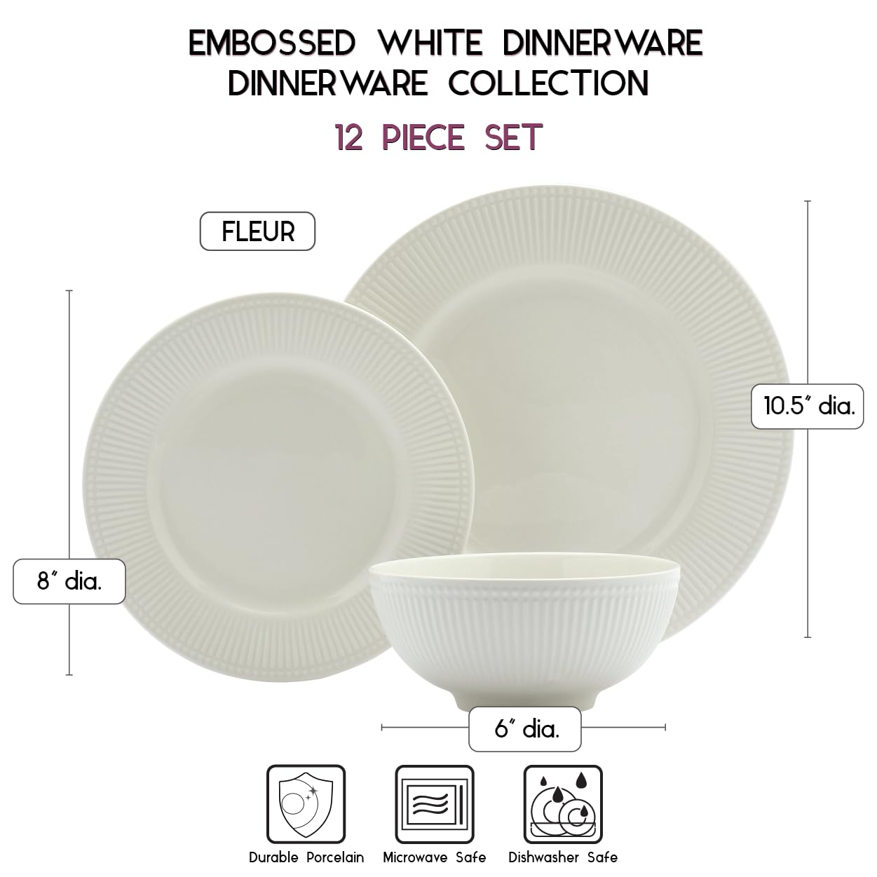 Tabletops Gallery Embossed Bone White Porcelain Round Dinnerware Collection- Chip Resistant Scratch Resistant, Fleur 12 Piece Dinnerware Set (Dinner Plate, Salad Plate, Cereal Bowl)