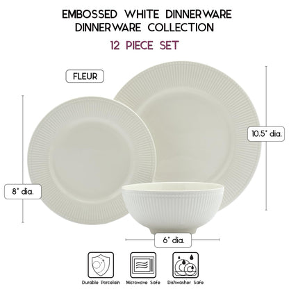 Tabletops Gallery Embossed Bone White Porcelain Round Dinnerware Collection- Chip Resistant Scratch Resistant, Fleur 12 Piece Dinnerware Set (Dinner Plate, Salad Plate, Cereal Bowl)