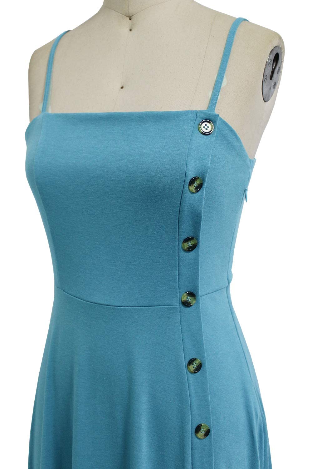 Sexy Sleeveless Knee Length Solid Cotton Fit and Flare Summer Wedding Party Button Down Light Blue Sundress