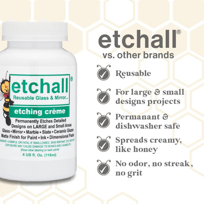 etchall Etching Cream (4oz) for Glass, Mirrors, Ceramics, Porcelain, Marble, and Slate - for Makers, Creators, Crafters, DIY'ers of All Ages & Experience Levels, Smooth Formula and Fast Acting