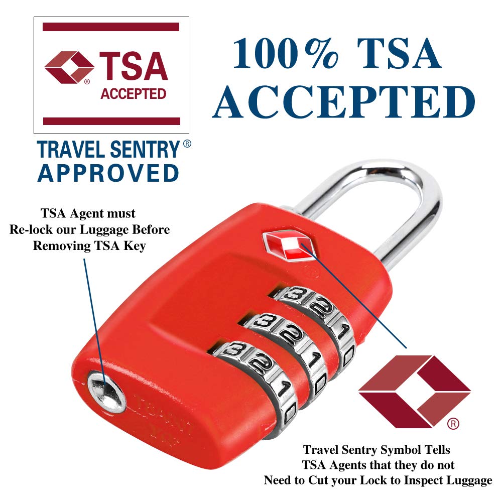 TSA Luggage Locks (4Pack) - 3 Digit Combination Padlocks - Approved Travel Lock for Suitcases & Baggage (Red)