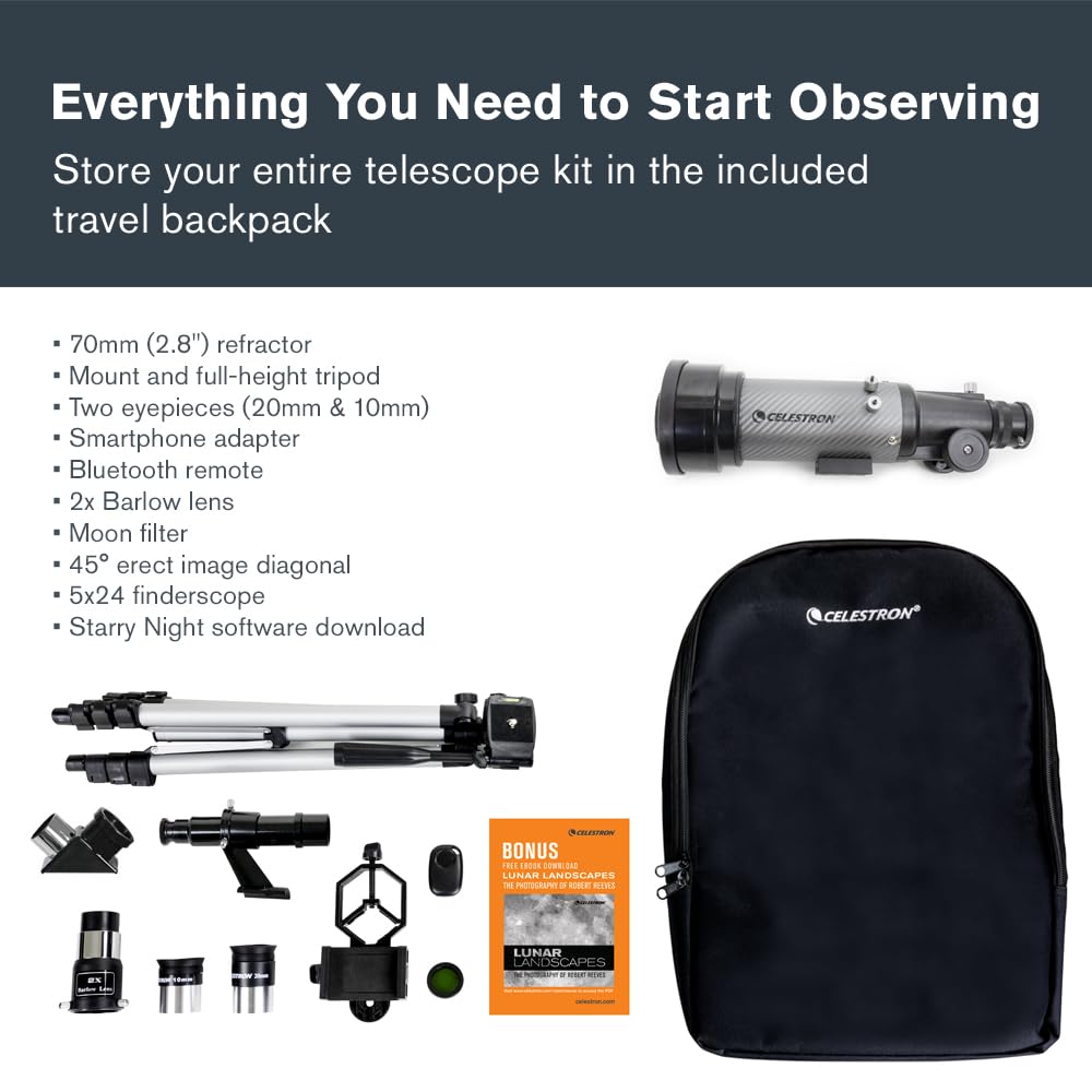 Celestron Travel Scope 70DX Portable Refractor Telescope – 70mm Aperture, Fully-Coated Glass Optics – Includes Bonus Phone Adapter, Backpack & More – Ideal for Beginners & Travel