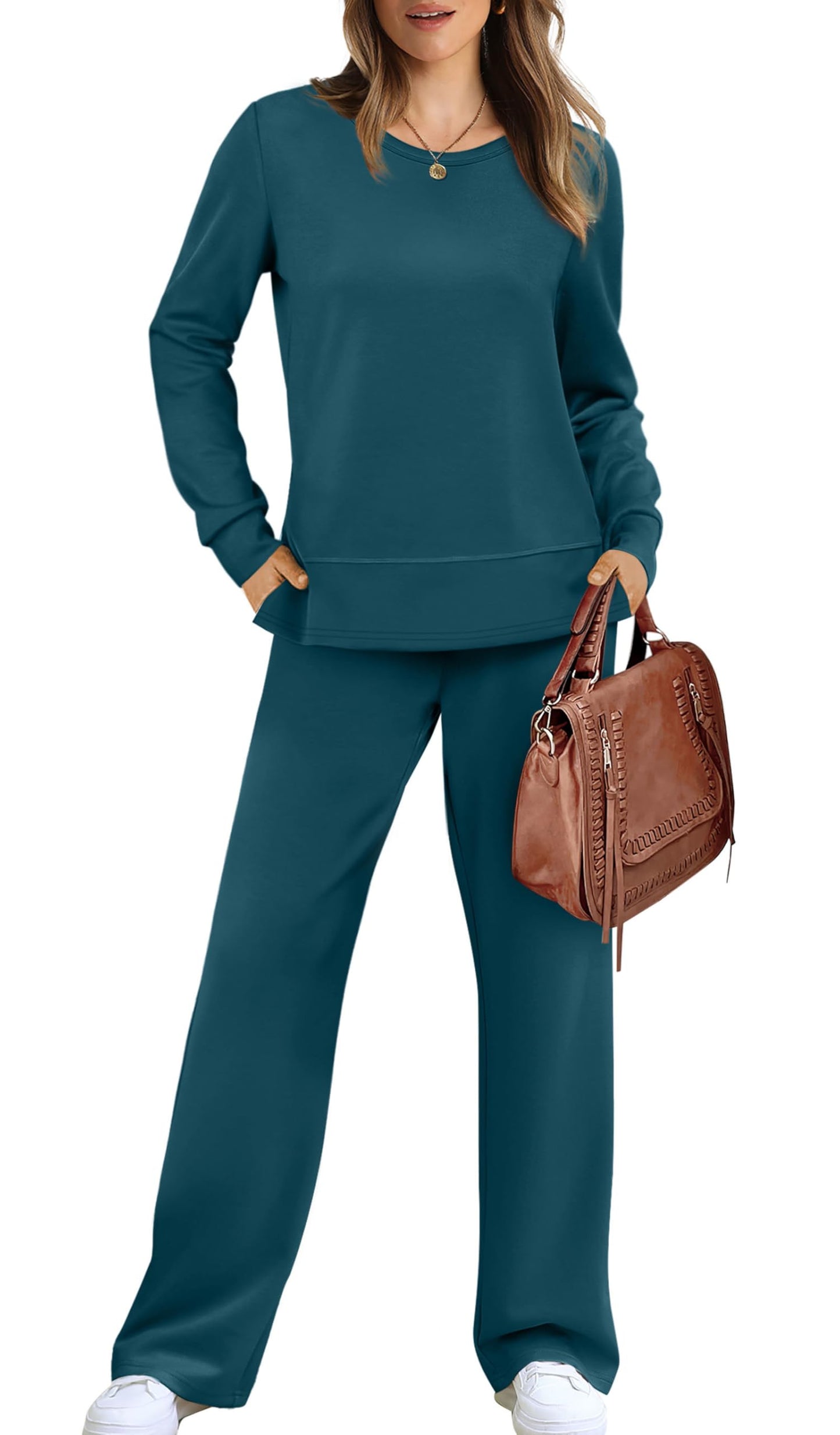 WIHOLL Women's Two Piece Sets Fall Long Sleeve Travel Outfits Trendy Lounge Tracksuit Winter Wide Leg Sweatpants Matching Sweat Set Blue XL