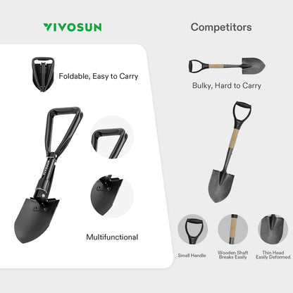 VIVOSUN Folding Camping Shovel, 18'' Survival Shovel, Portable Small Shovel with High Carbon Steel, Tactical Entrenching Tool for Hiking, Digging, Backpacking, Gardening, Off Road, Beach