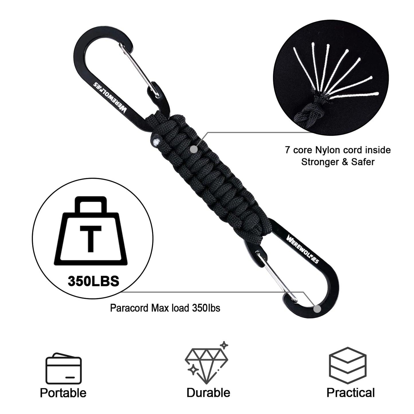 WEREWOLVES 3 Pack Paracord Keychain Carabiner, Carabiner Clip for Backpacks, Mottled