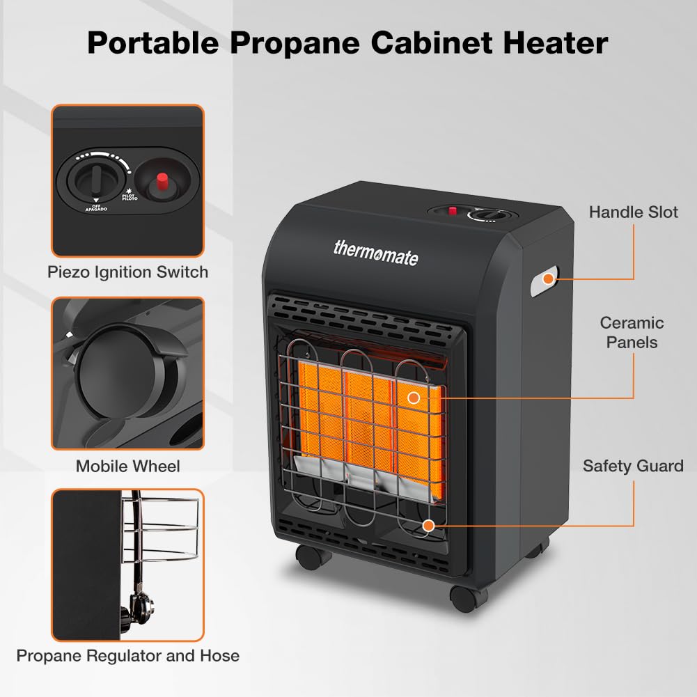 ThermoMate Propane Heater 18000 BTU With ODS & Tip-over Protection, Outdoor Gas Heater for Patio, Garage, Camping, Shop - Heating Up to 450 Sq. Ft, Gas Regulator & Hose Included