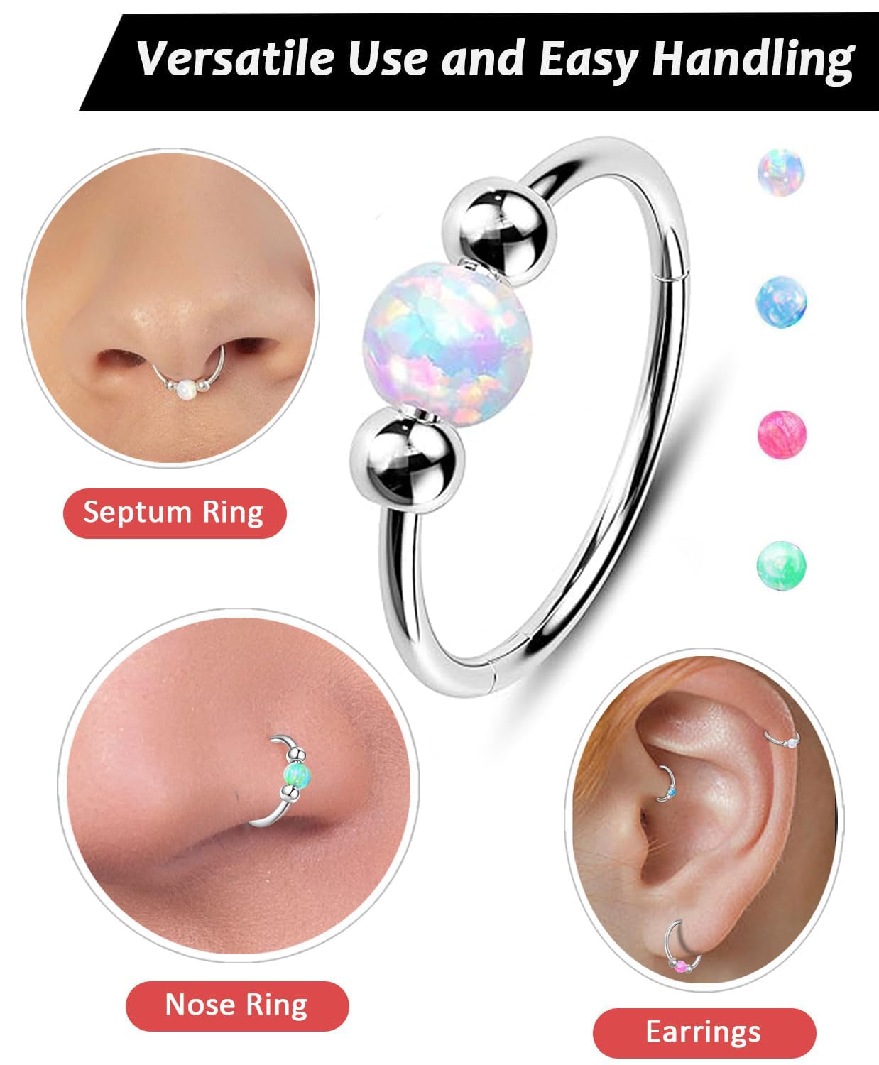 2Pcs 18G Hypoallergenic Cartilage Earrings for Women & Men 316L Surgical Steel Huggies Earrings for Sensitive Ears, Lightweight Mini Thin Jewelry for Tragus/Helix/Nose Multiple Piercing Opal Earrings