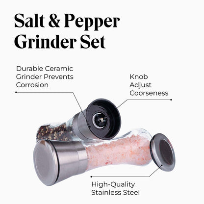 Willow & Everett Salt & Pepper Grinder Set with Stand - Stainless Steel Manual Mills & Holder with Adjustable Coarseness, Refillable Design for Peppercorns & Rock Salt Sold Separately
