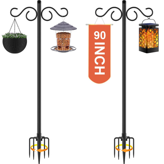 RCUICA Double Shepherds Hooks for Outdoor,2 Pack 90 Inch Bird Feeder Pole with 5 Prongs Base,Heavy Duty Shepherds Hook,Suitable for Garden in Hanging Flower Basket,Lantern,Bird Nests (90 Inch)