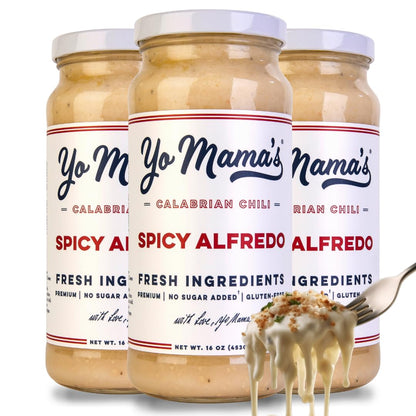 Yo Mama’s Foods Gourmet Keto Spicy Alfredo Pasta Sauce | (3) 16 Ounce Glass Bottles | Our Spicy Sauce is Low Carb, Paleo, Gluten Free, Low Calorie and is Made with only the Freshest Ingredients!