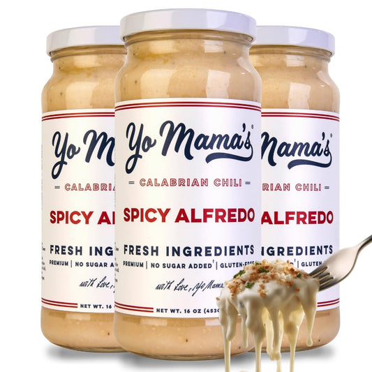 Yo Mama’s Foods Gourmet Keto Spicy Alfredo Pasta Sauce | (3) 16 Ounce Glass Bottles | Our Spicy Sauce is Low Carb, Paleo, Gluten Free, Low Calorie and is Made with only the Freshest Ingredients!