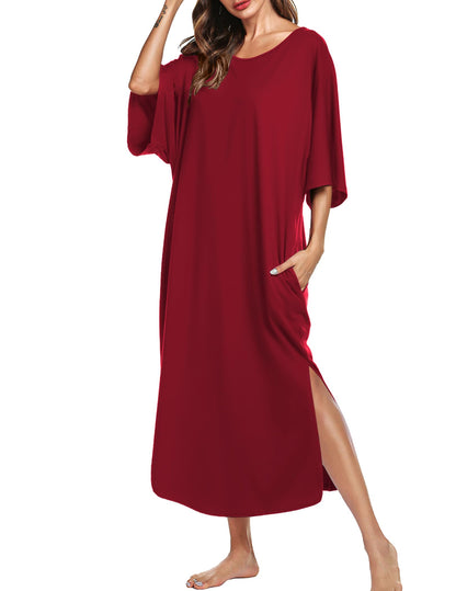 Ekouaer Womens V-Neck Cotton Nightgown Oversized Loose Fit Long Sleep Dress Purplish Red XX-Large