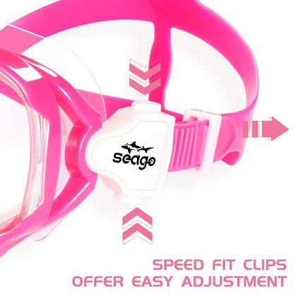 Seago Kids Swimming Mask Swim Diving Scuba Mask Snorkel Gear for Boys Girls Youth, Anti-Fog 180° Panoramic View Soft Silicone Skirt Kids Pool Underwater Swim Goggles with Nose Cover, Snorkel Equipment
