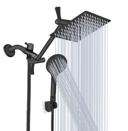 Shower Head, 8‘’ High Pressure Rainfall/Handheld Shower Combo with 11'' Extension Arm, 9 Settings, Anti-leak Shower Head with Holder, Height/Angle Adjustable, Chrome, Matte Black