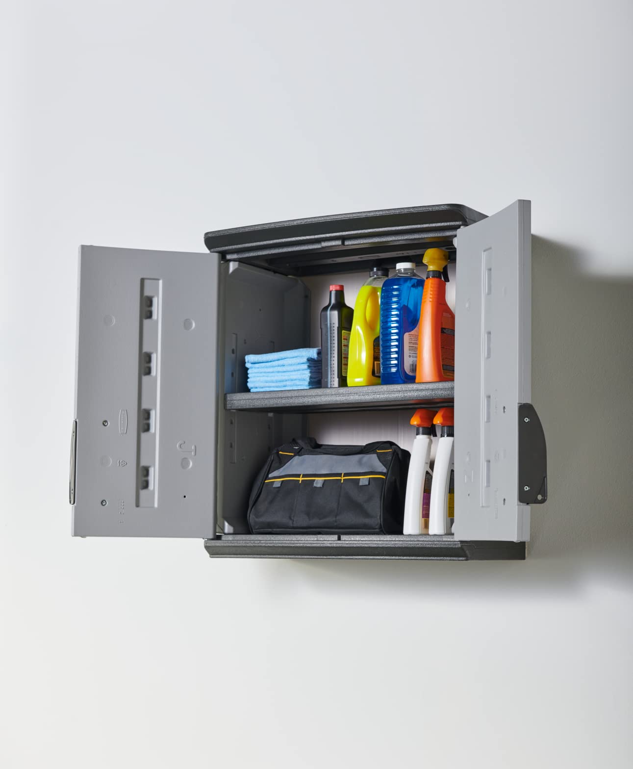 Rubbermaid Wall Mounted Storage Cabinet with Doors 150-Pound Capacity Gray Lockable Three-Shelf Cubbard for Tools/Car Accessories/Cleaning in Home/Garage/Outdoor Areas