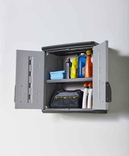 Rubbermaid Wall Mounted Storage Cabinet with Doors 150-Pound Capacity Gray Lockable Three-Shelf Cubbard for Tools/Car Accessories/Cleaning in Home/Garage/Outdoor Areas