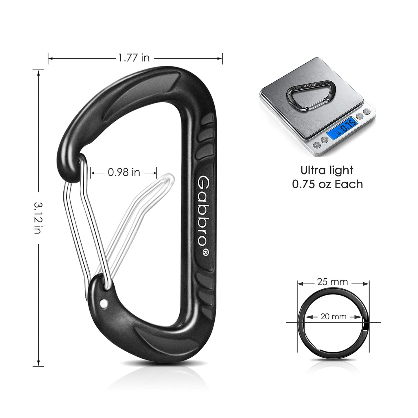 Gabbro Carabiner Clips Heavy Duty 12kN (2697 lbs), | 3.2 Inch, Aluminum, Wiregate Snap, Lightweight, 4 Pack | for Hammock, Hiking, Camping, Water Bottle, Dog Leash Harness, Keychains Black
