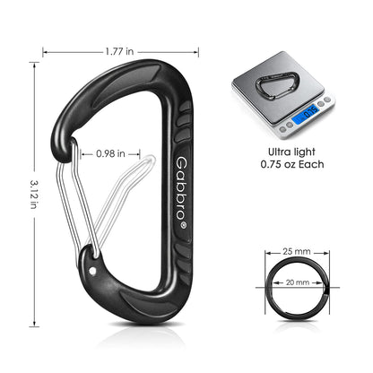 Gabbro Carabiner Clips Heavy Duty 12kN (2697 lbs), | 3.2 Inch, Aluminum, Wiregate Snap, Lightweight, 4 Pack | for Hammock, Hiking, Camping, Water Bottle, Dog Leash Harness, Keychains Black