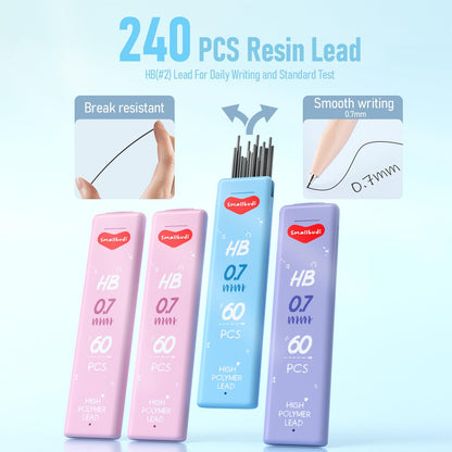 Smallbudi 6PCS 0.7mm Mechanical Pencils Set with Case, Cute Pastel Mechanical Pencil with 240PCS HB Lead Refills, 3 Erasers, Aesthetic Back to School Supplies for Student Writing Drawing Sketching