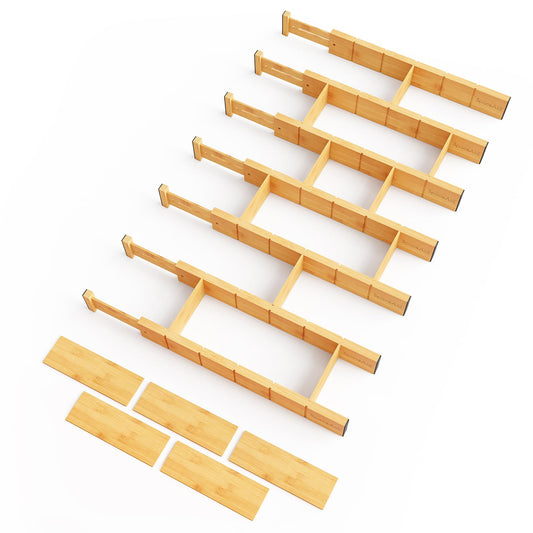SpaceAid Bamboo Drawer Dividers with Inserts and Labels, Kitchen Adjustable Drawer Organizers, Expandable Organization for Home, Office, Dressers, 7 Dividers with 15 Inserts (17"-22" Natural)