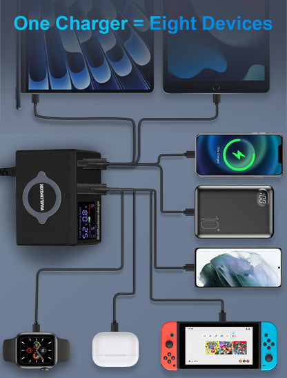 WANLONGXIN 100W 8-Port USB Qi Wireless Charging Station, QC3.0/PD Fast Charge for Phones Tablets USB Tools, Multi-Device Smart IC Desktop Organizer Hub