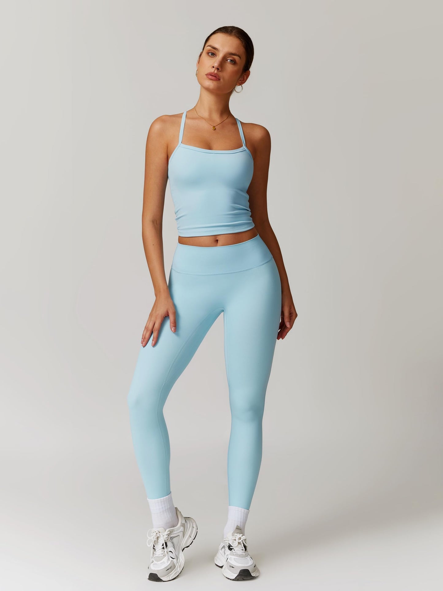 Womens Workout Sets Two Piece Seamless Stretch Cross Back Tank Top Matching Tummy Control High Waist Leggings Set 2 Piece For Women Gym Yoga Active Wear Outfits Athletic Work Out Clothes Blue S