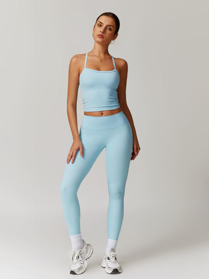 Womens Workout Sets Two Piece Seamless Stretch Cross Back Tank Top Matching Tummy Control High Waist Leggings Set 2 Piece For Women Gym Yoga Active Wear Outfits Athletic Work Out Clothes Blue S