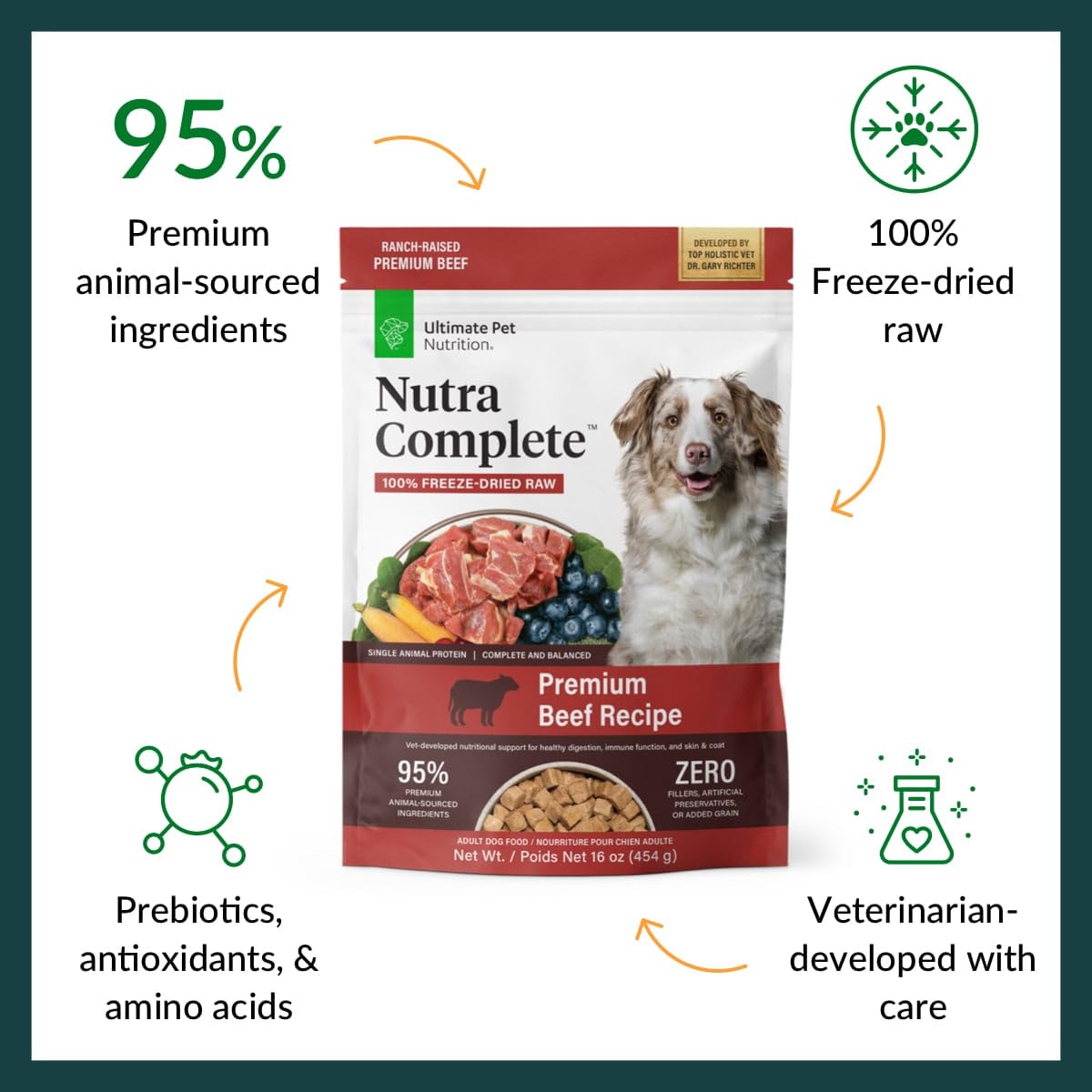 ULTIMATE PET NUTRITION Nutra Complete, 100% Freeze Dried Raw Veterinarian Formulated Dog Food with Antioxidants Prebiotics and Amino Acids (1 Pound, Beef)