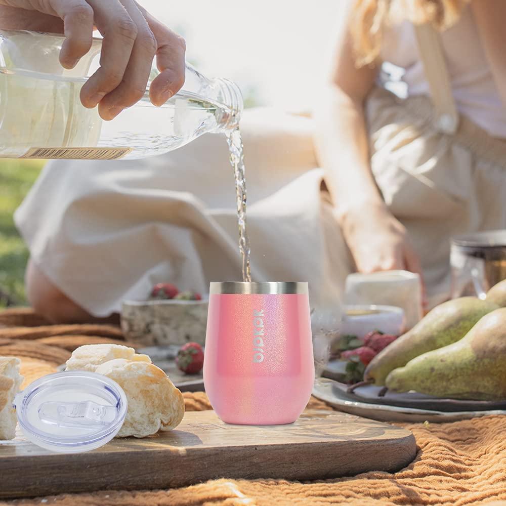 BJPKPK 2 pcs 12oz Insulated Wine Tumblers, 12oz Double Wall Vacuum Coffee Mugs with Lid, Unbreakable Stainless Steel Wine Glasses, Insulated Coffee Cups for Home & Outdoor, Gray