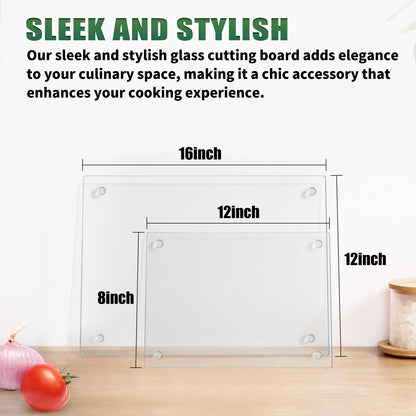 Seelenruhe Tempered Glass Cutting Boards for Kitchen Counter, Clear Cutting Boards for Countertop, Non-Slip, Heat-Resistant, Easy to Clean, Kitchen Decoration, 16x12 & 12x8 2PCS