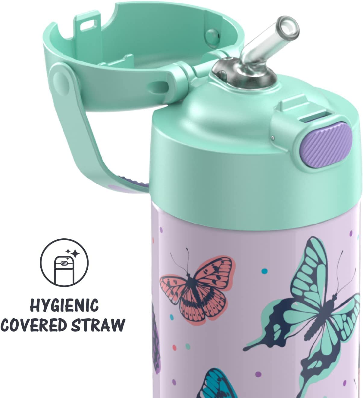 THERMOS FUNTAINER Water Bottle with Straw - 12 Ounce - Kids Stainless Steel Vacuum Insulated Water Bottle with Lid, Butterfly Frenzy