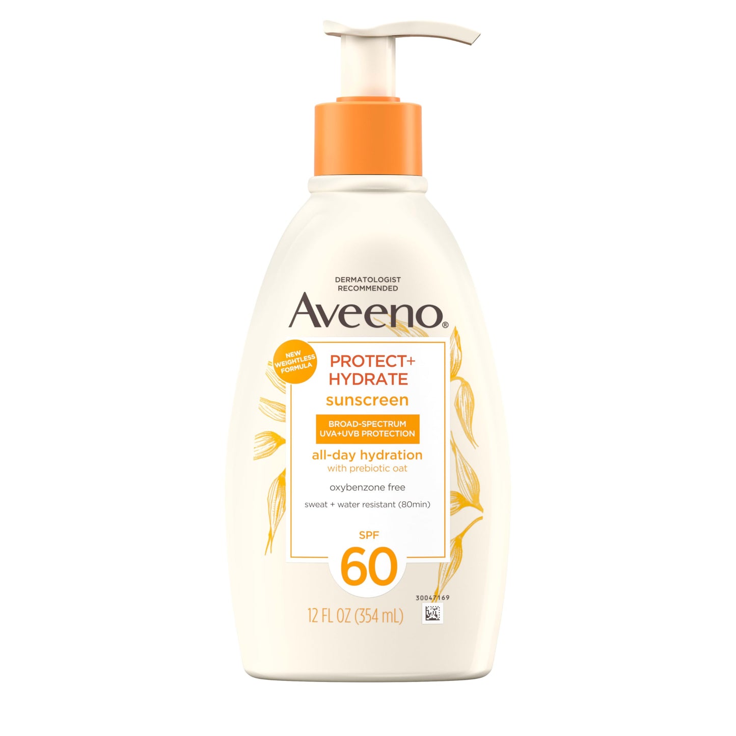 Aveeno Protect + Hydrate Sunscreen Moisturizing Body Lotion with Prebiotic Oat, Broad Spectrum SPF 60, Paraben, Oxybenzone & Oil Free, Weightless, Water & Sweat Resistant for Sensitive Skin, 12 Fl Oz