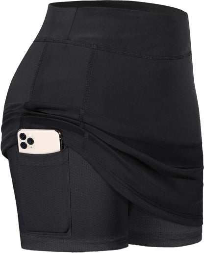 BLEVONH Womens Summer Tennis Skirts with Shorts Underneath, Pickleball, Athletic, Workout and Golf Skorts with Pockets Black Large
