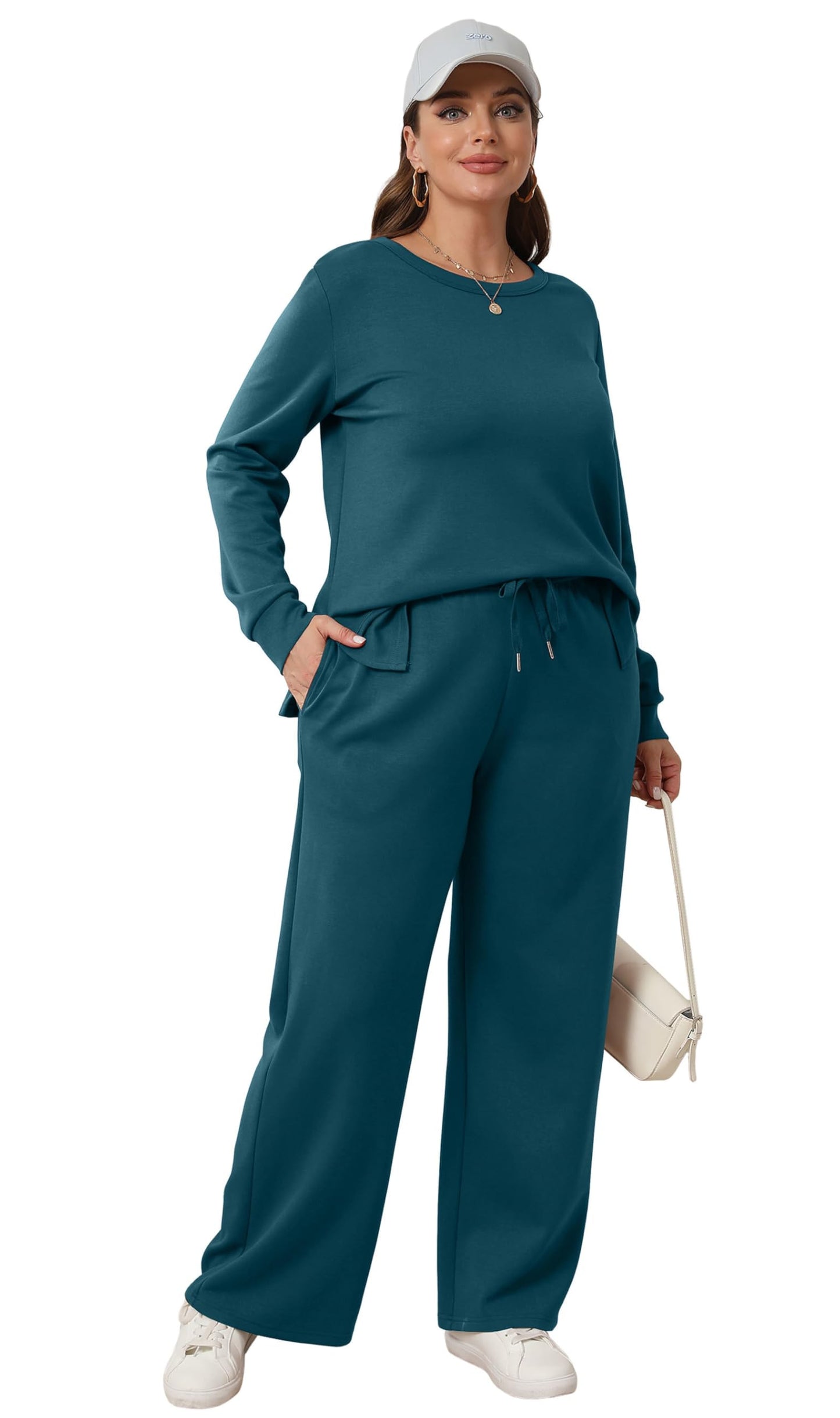 WIHOLL Women's Two Piece Sets Fall Long Sleeve Travel Outfits Trendy Lounge Tracksuit Winter Wide Leg Sweatpants Matching Sweat Set Blue XL