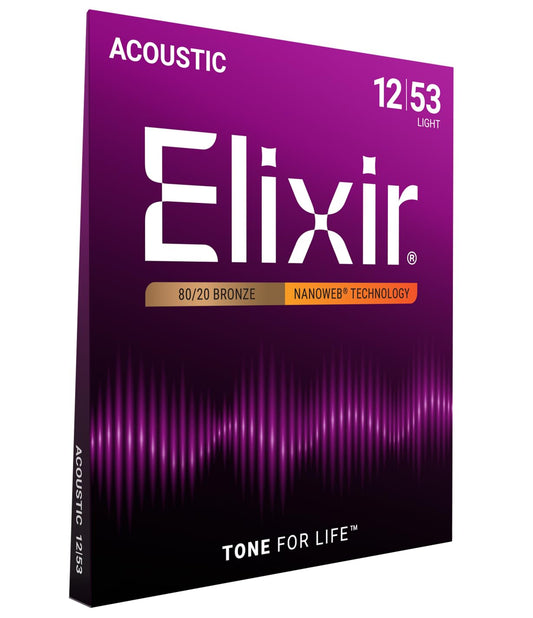 Elixir Strings, Acoustic Guitar Strings, 80/20 Bronze with NANOWEB Coating, Longest-Lasting Bright and Focused Tone with Comfortable Feel, 6 String Set, Light 12-53