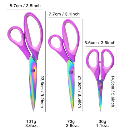 Craft Scissors Set of 3 Pack, All Purpose Sharp Titanium Blades Shears, Comfort Grip Handle, Multipurpose Fabric Scissors Tool Great for Adults, Office, Sewing, School and Home Supplies, Purple