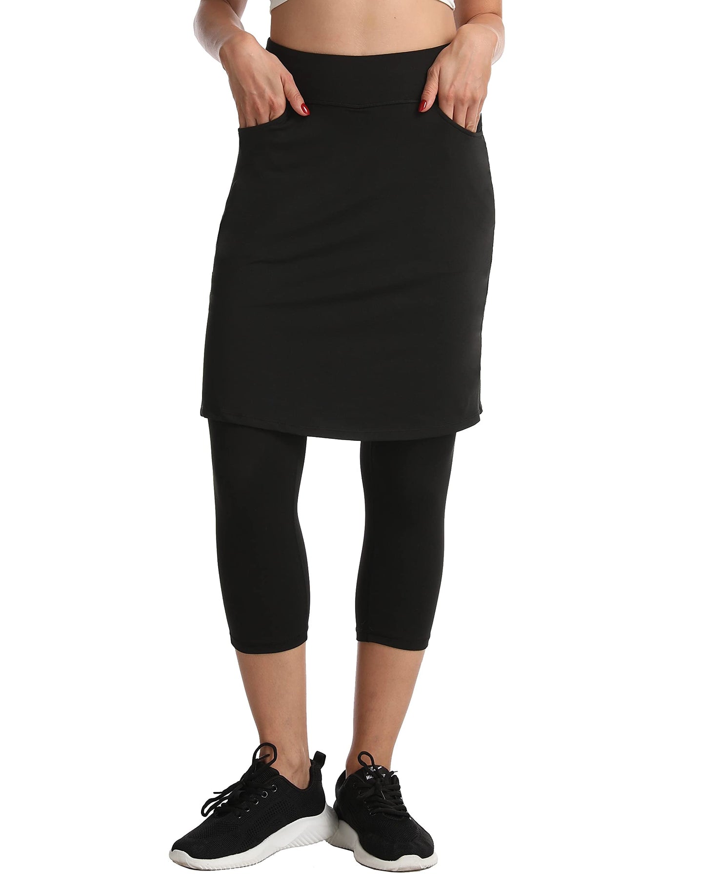 Women's Modest Skirted Capri Pants with 2 Pockets Workout Knee Length Skort Cropped Leggings bk l Black