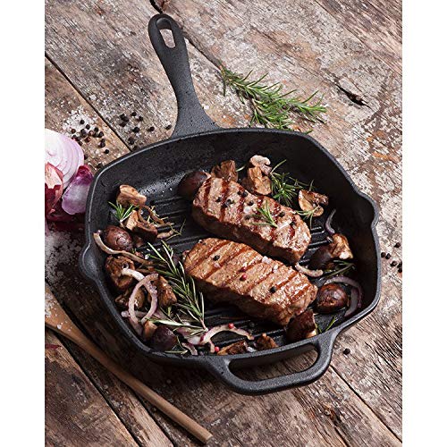 Victoria Cast Iron Grill Pan, Square Grill Pan, Cast Iron Griddle Pan, Seasoned with 100% Kosher-Certified, Non-GMO Flaxseed Oil, Black, 10 Inches