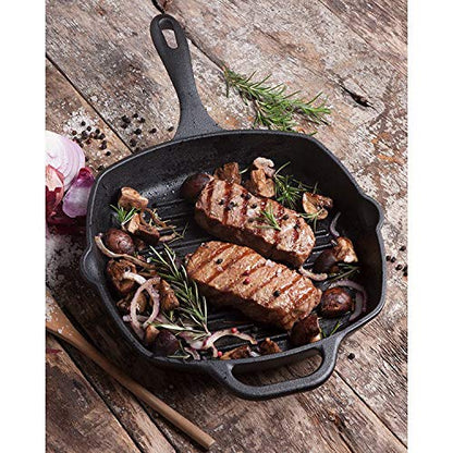 Victoria Cast Iron Grill Pan, Square Grill Pan, Cast Iron Griddle Pan, Seasoned with 100% Kosher-Certified, Non-GMO Flaxseed Oil, Black, 10 Inches
