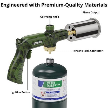 Sondiko Powerful Propane Torch L8010, Sous Vide, Campfire Starter, Adjustable Gas Welding Kit for Searing Steak, BBQ, Gas Welding(Camouflage) Propane Tank Not Included