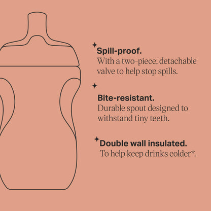 Tommee Tippee Insulated Sportee Bottle, for 12m+, 9oz, Pack of 2 Non-Spill Toddler Water Bottles, Orange and Blue, with Two-Piece Valve to Help Stop Spills, Bite-Resistant Spout and Easy-Hold Handle