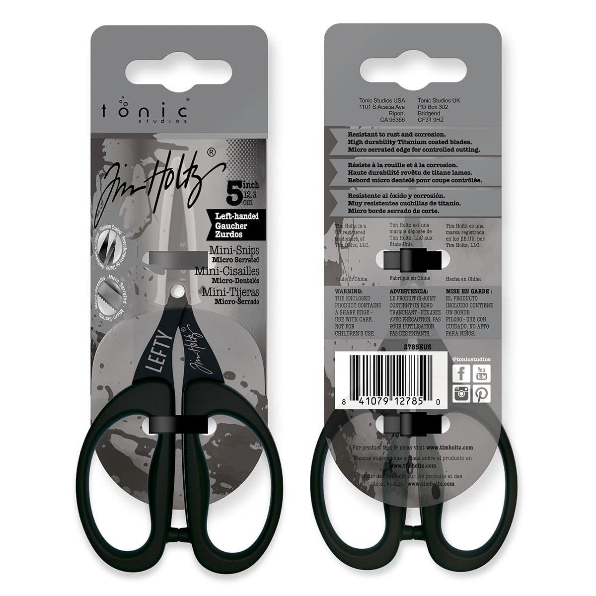 Tim Holtz Left Handed Scissors - 5 Inch Mini Snips with Micro Serrated Blade - Lefty Craft Tool for Cutting Paper, Fabric, and Sewing - Titanium with Black Comfort Grip Handles