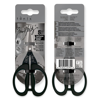 Tim Holtz Left Handed Scissors - 5 Inch Mini Snips with Micro Serrated Blade - Lefty Craft Tool for Cutting Paper, Fabric, and Sewing - Titanium with Black Comfort Grip Handles